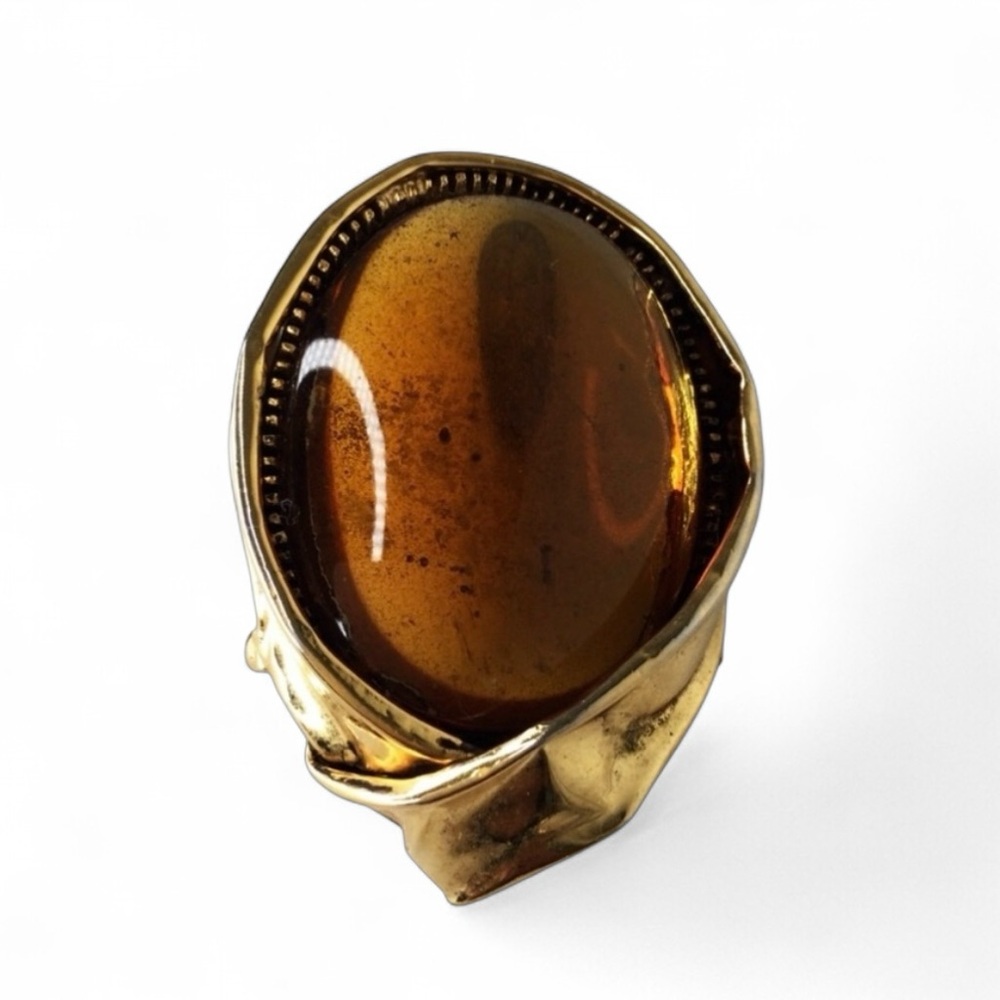 Mid‑Century Carnegie‑Style Brutalist Brooch & Clip Earrings Set w/ Amber Glass - Picture 4 of 15